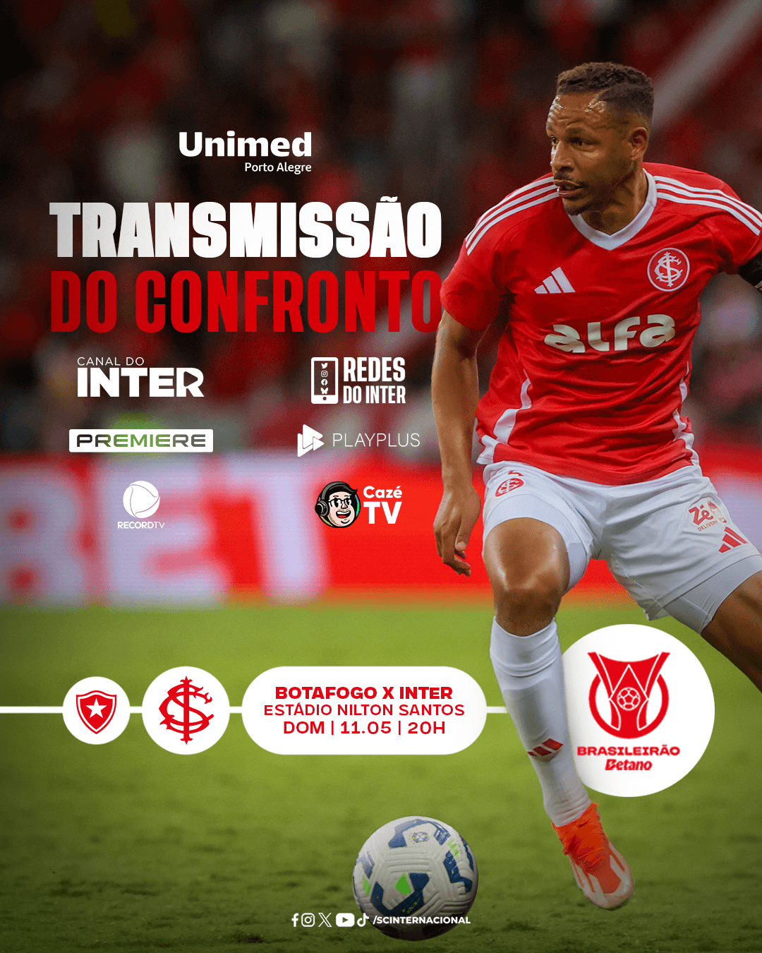 Premiere, RecordTV, PlayPlus, Cazé TV e Canal do Inter transmitem Botafogo x Internacional